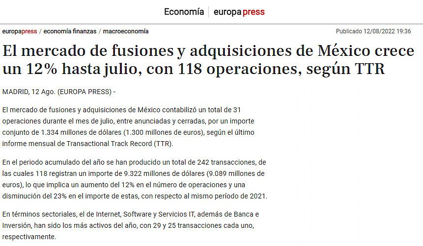 El mercado de fusiones y adquisiciones de Mxico crece un 12% hasta julio, con 118 operaciones, segn TTR